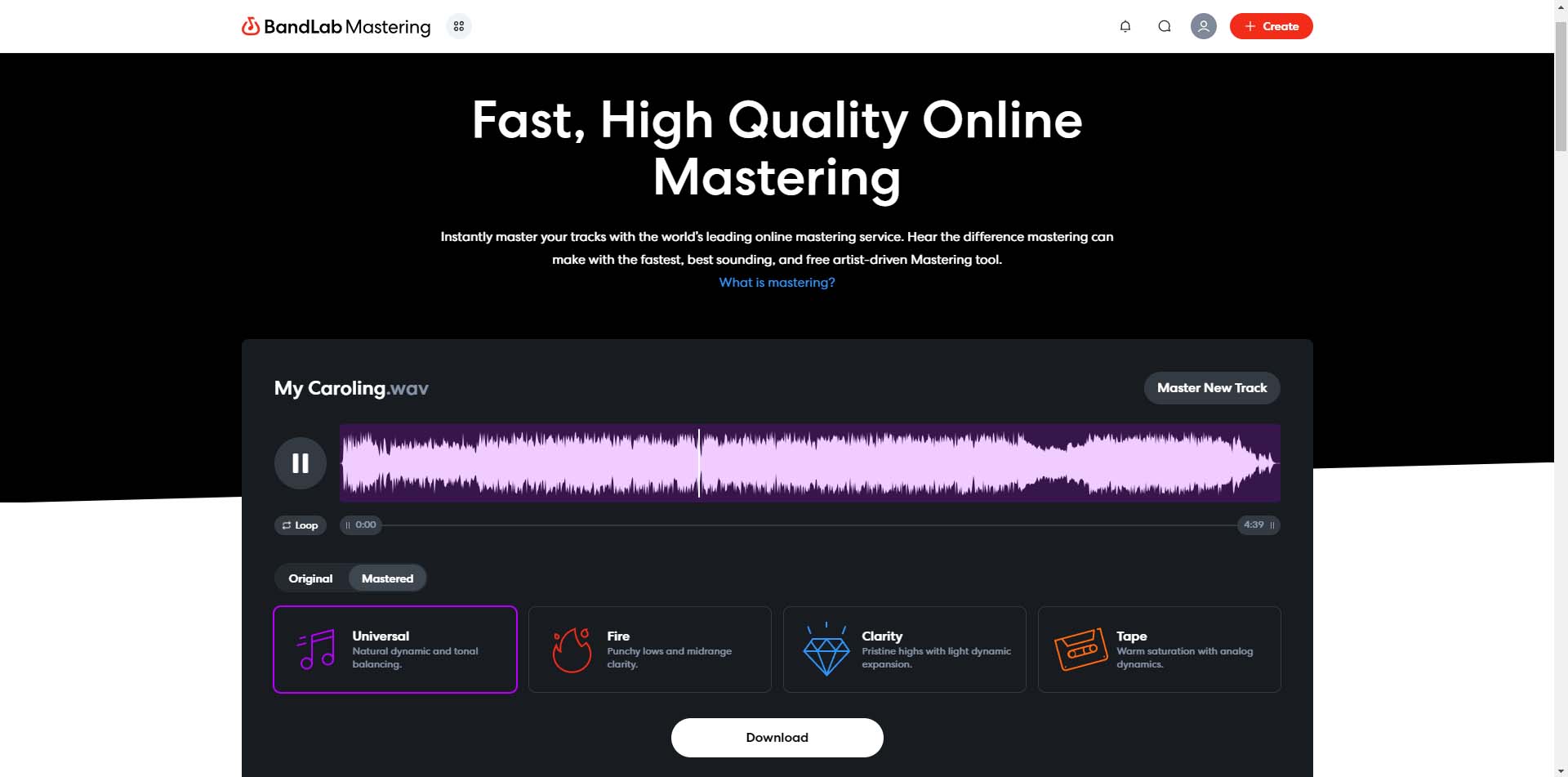 Bandlab Mastering interface