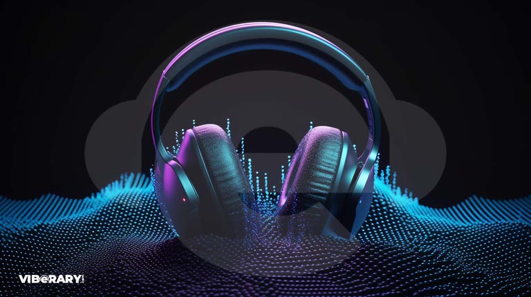 Headphones above a blue audio waveform