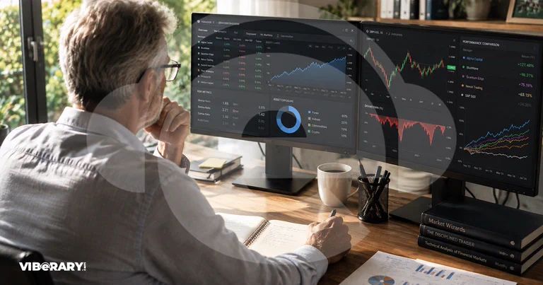 Person reviewing copy-trading performance and risk charts on two monitors