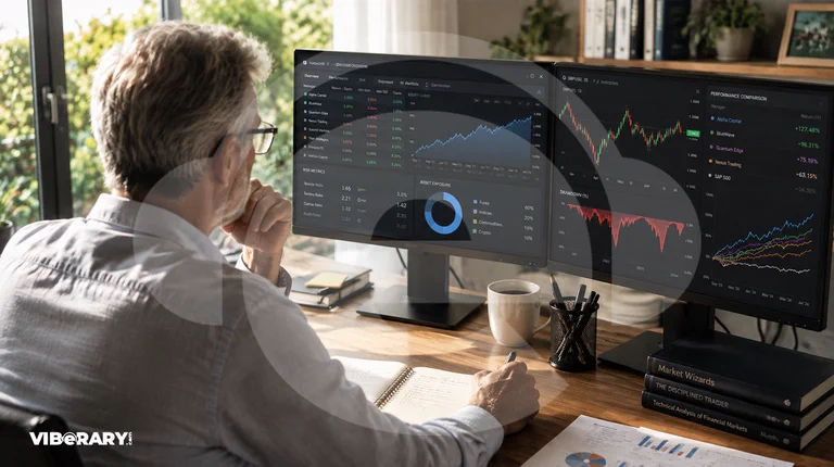 Person reviewing copy-trading performance and risk charts on two monitors