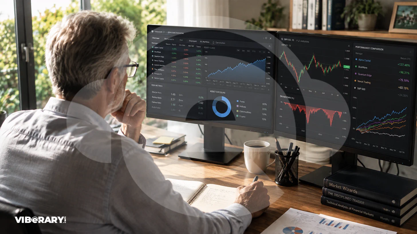 Person reviewing copy-trading performance and risk charts on two monitors