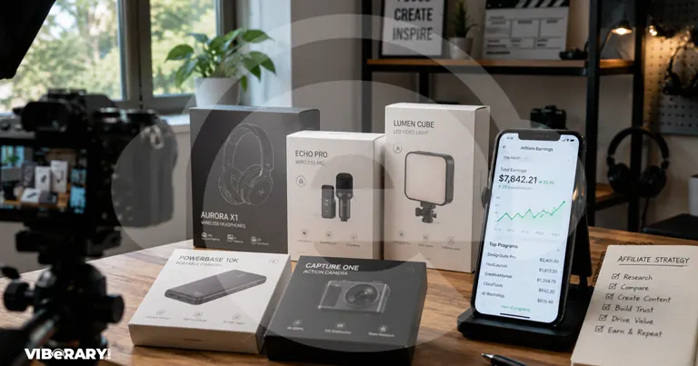 Creator studio desk with product boxes, camera gear, affiliate earnings dashboard on a phone, and strategy notes