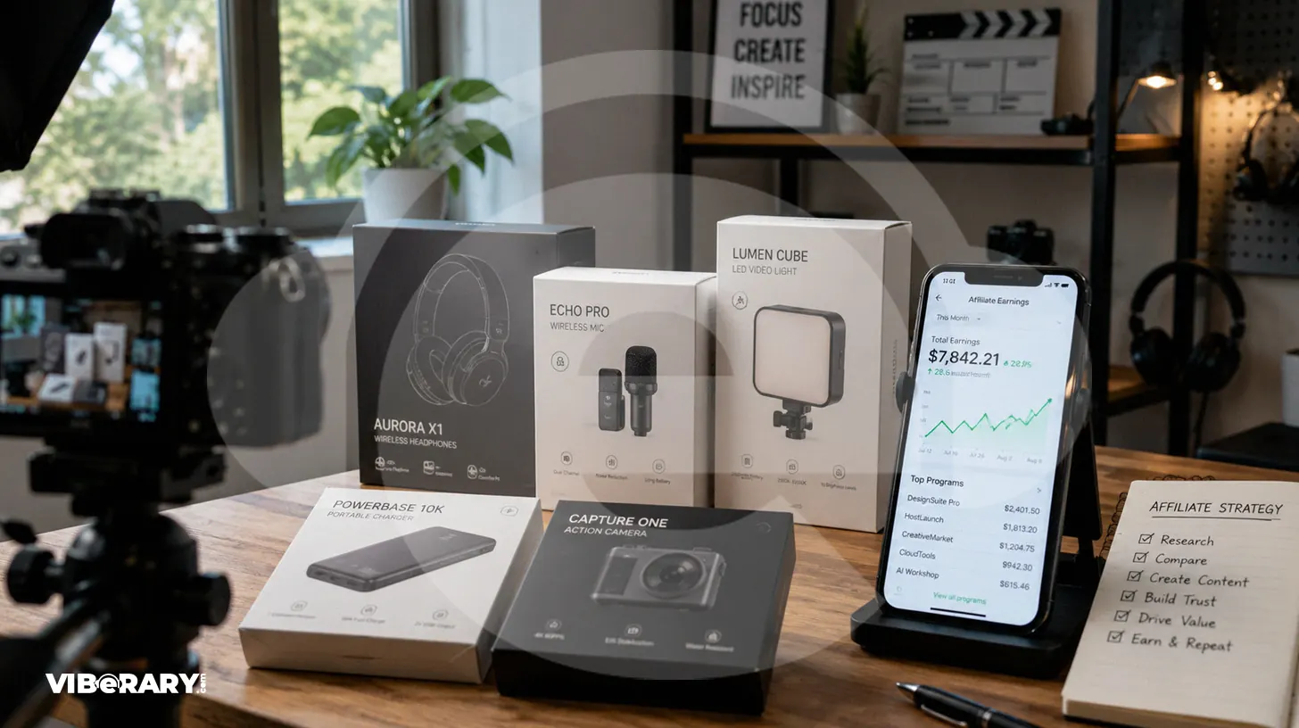 Creator studio desk with product boxes, camera gear, affiliate earnings dashboard on a phone, and strategy notes