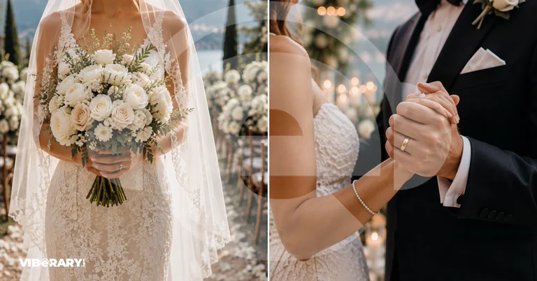 Bride with a white bouquet and a wedding couple holding hands