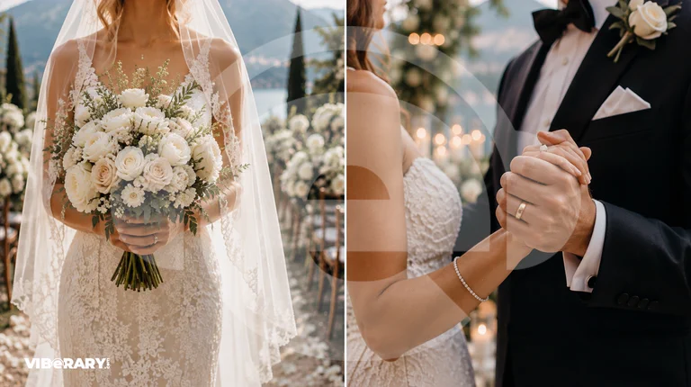 Bride with a white bouquet and a wedding couple holding hands